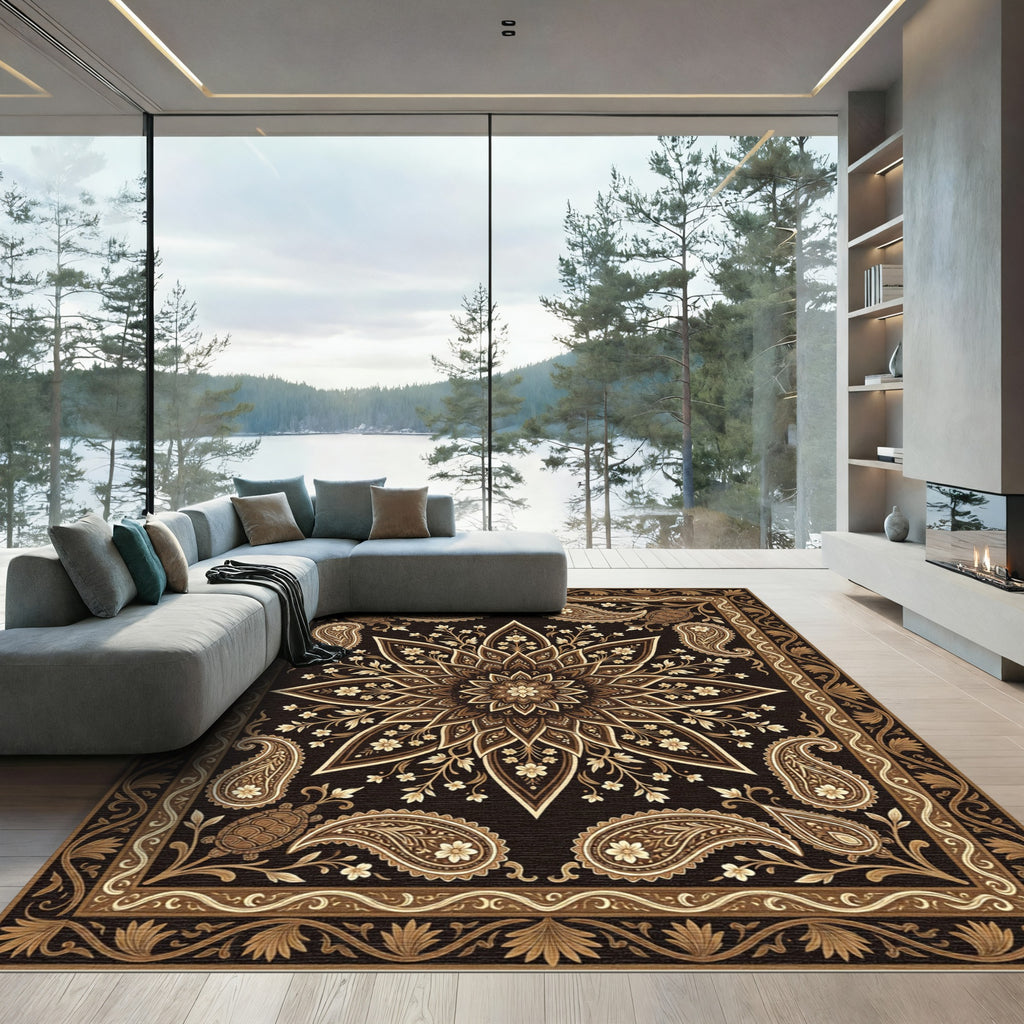Dark Brown Floral Paisley Turtle Medallion Rug