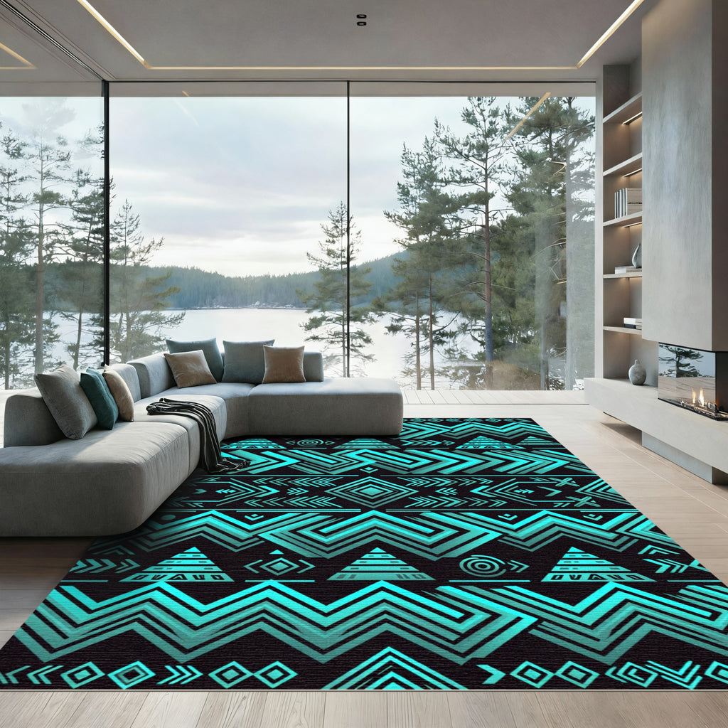 Cyan Neon Geometric Tribal Aztec Art Rug
