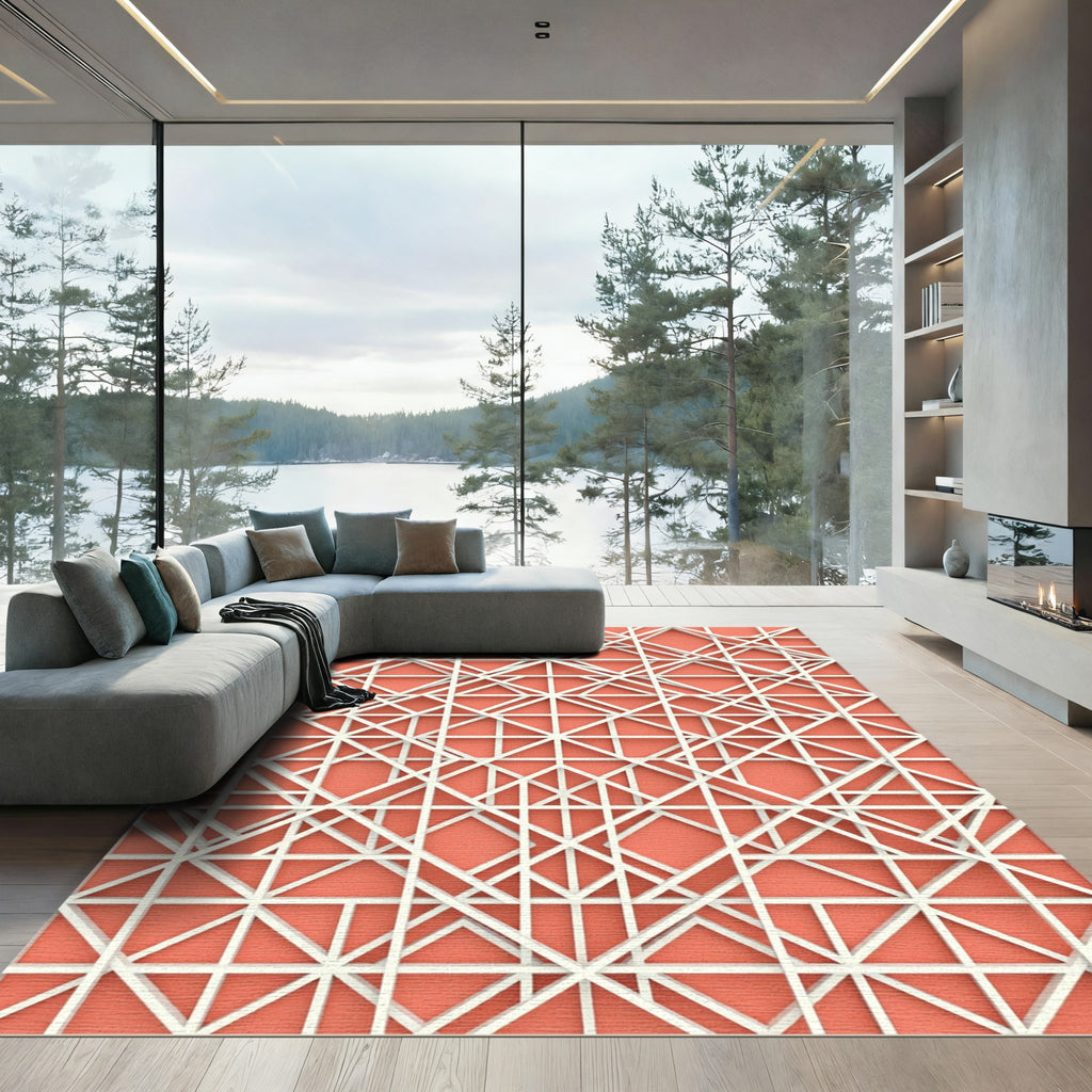 Geometric Salmon White Interlocking Grid Rug