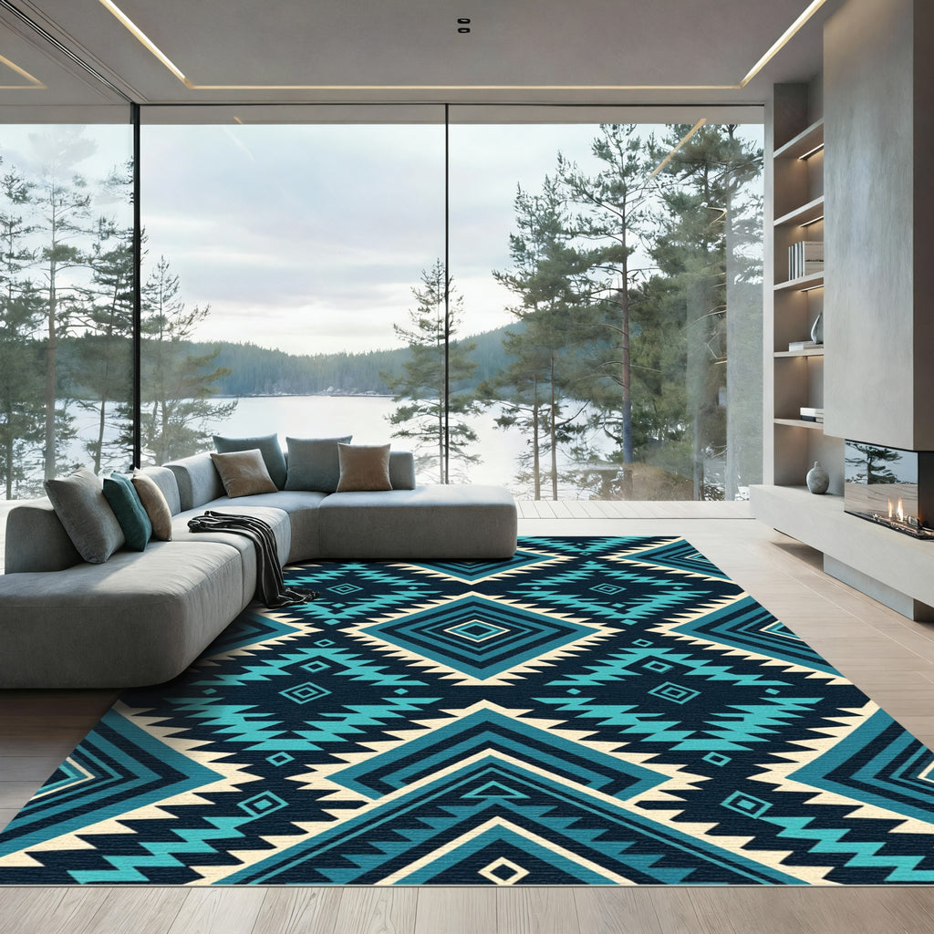 Turquoise Teal Geometric Aztec Diamond Rug