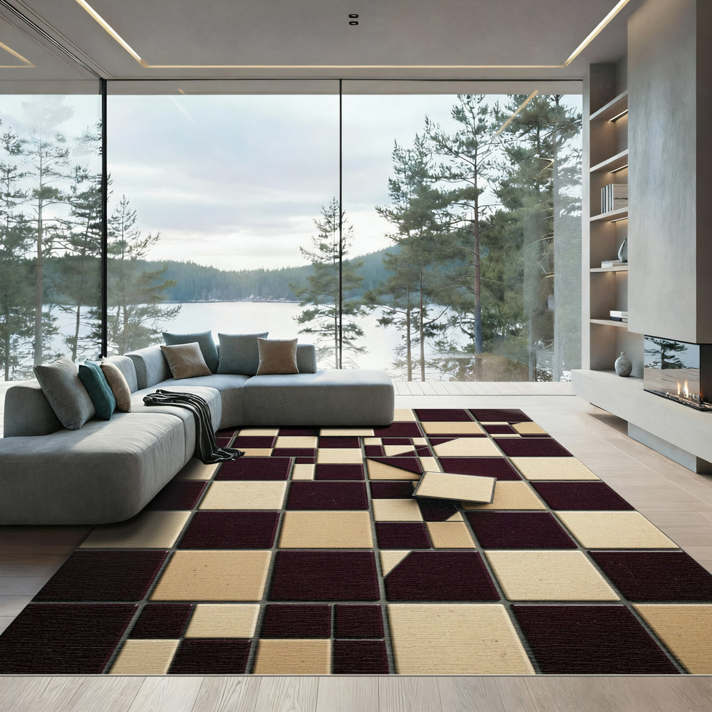 Tuscan Yellow Burgundy Geometric Squares Rug