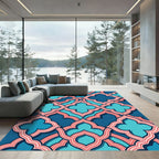 Teal and Salmon Scalloped Geometric Tile Rug