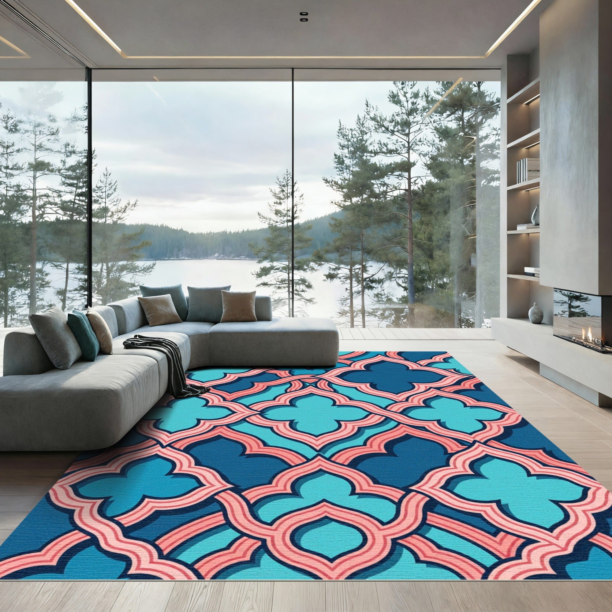 Teal and Salmon Scalloped Geometric Tile Rug