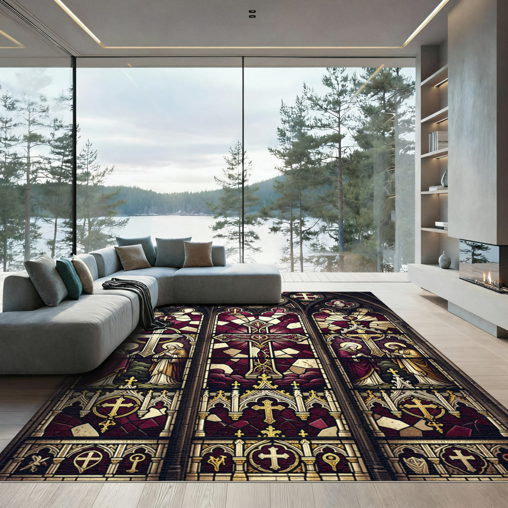 Gothic Stained Glass Ornate Cross Rug