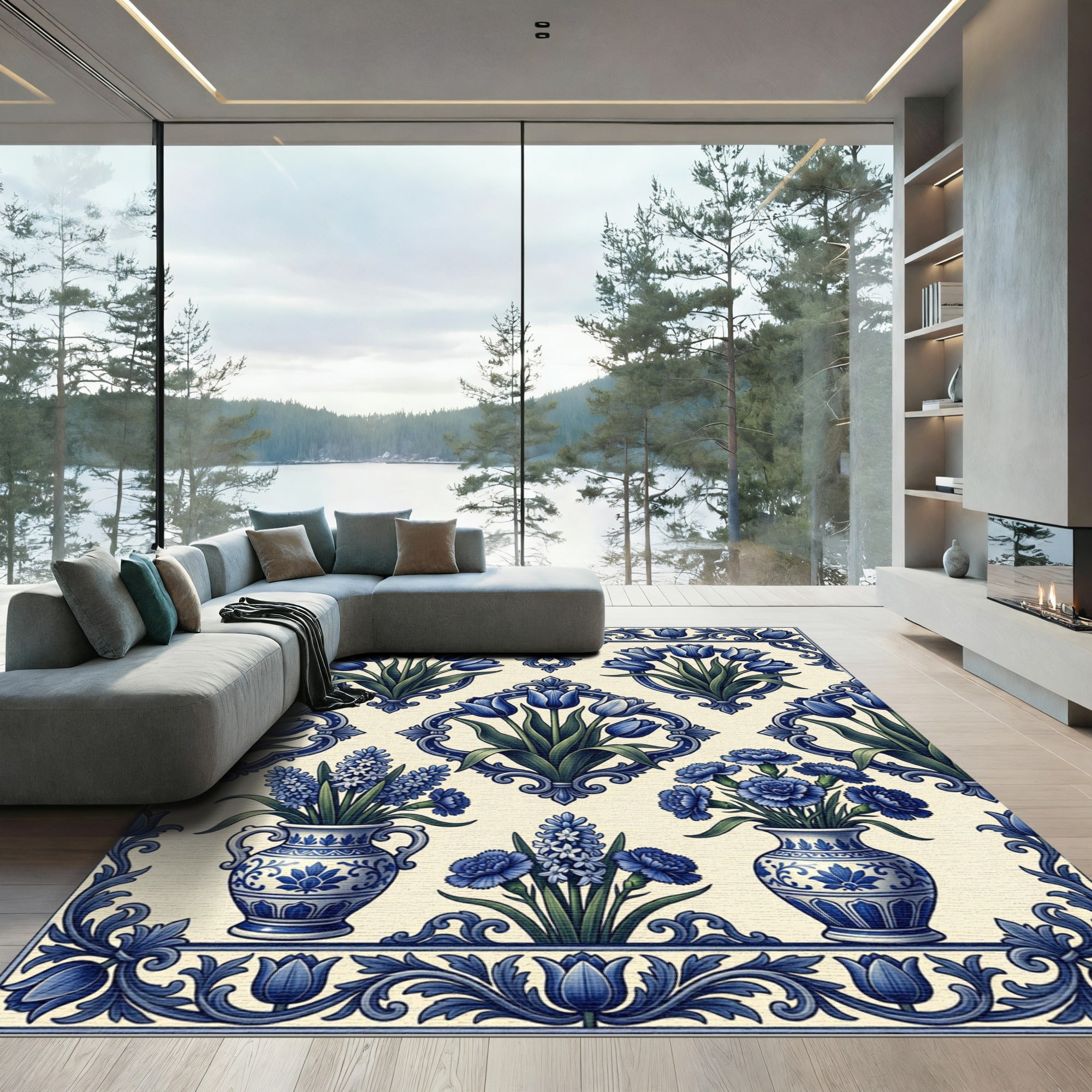 Blue Floral Delft Tulip Porcelain Arrangement Rug