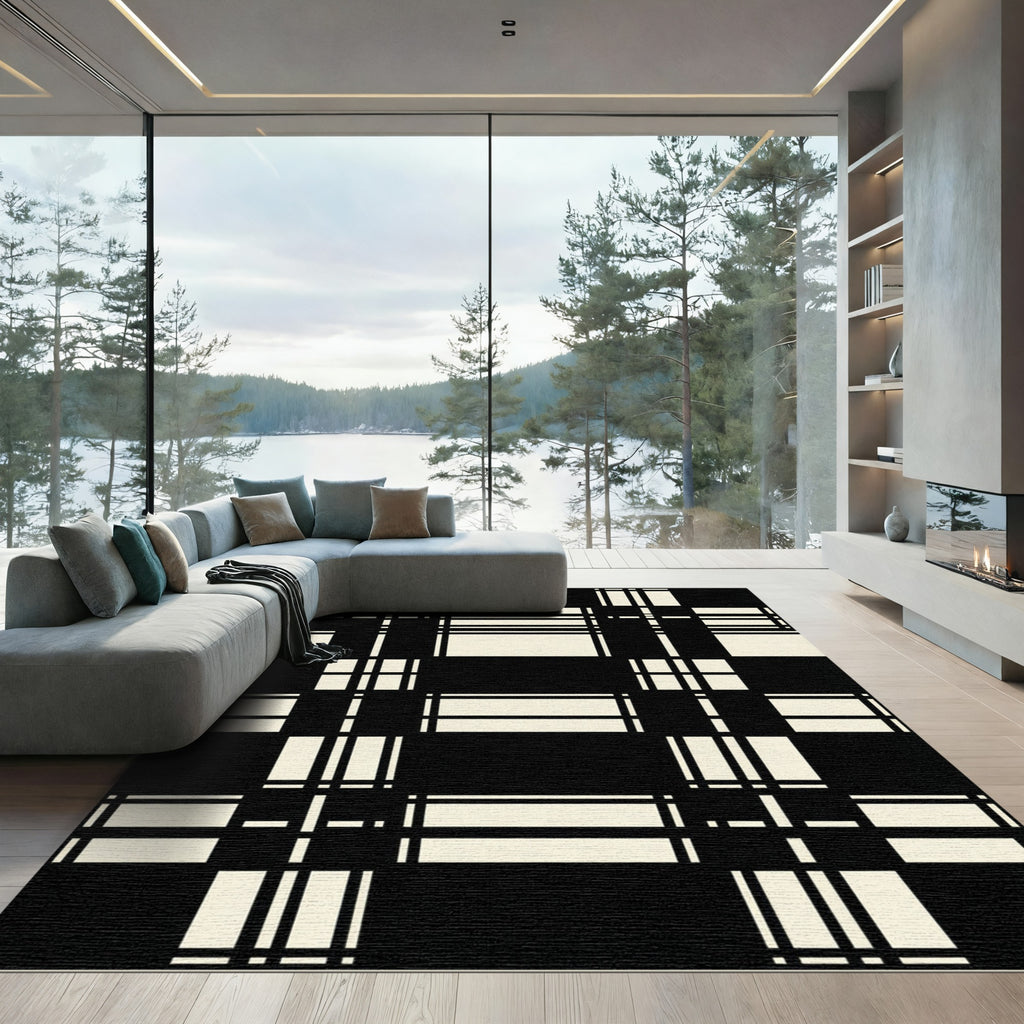 Modern Black and Beige Grid Tartan Rug