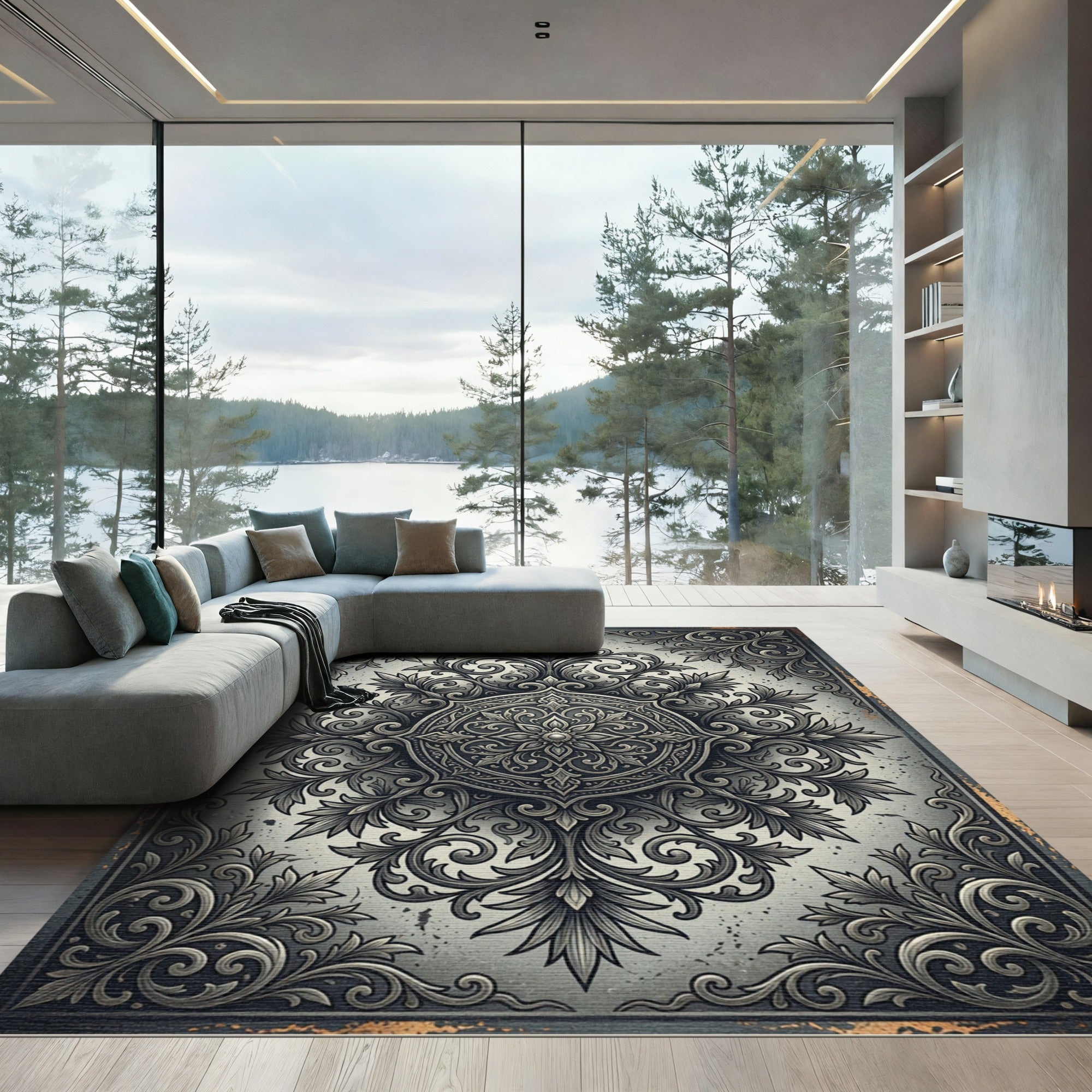 Ornate Charcoal Baroque Floral Medallion Rug