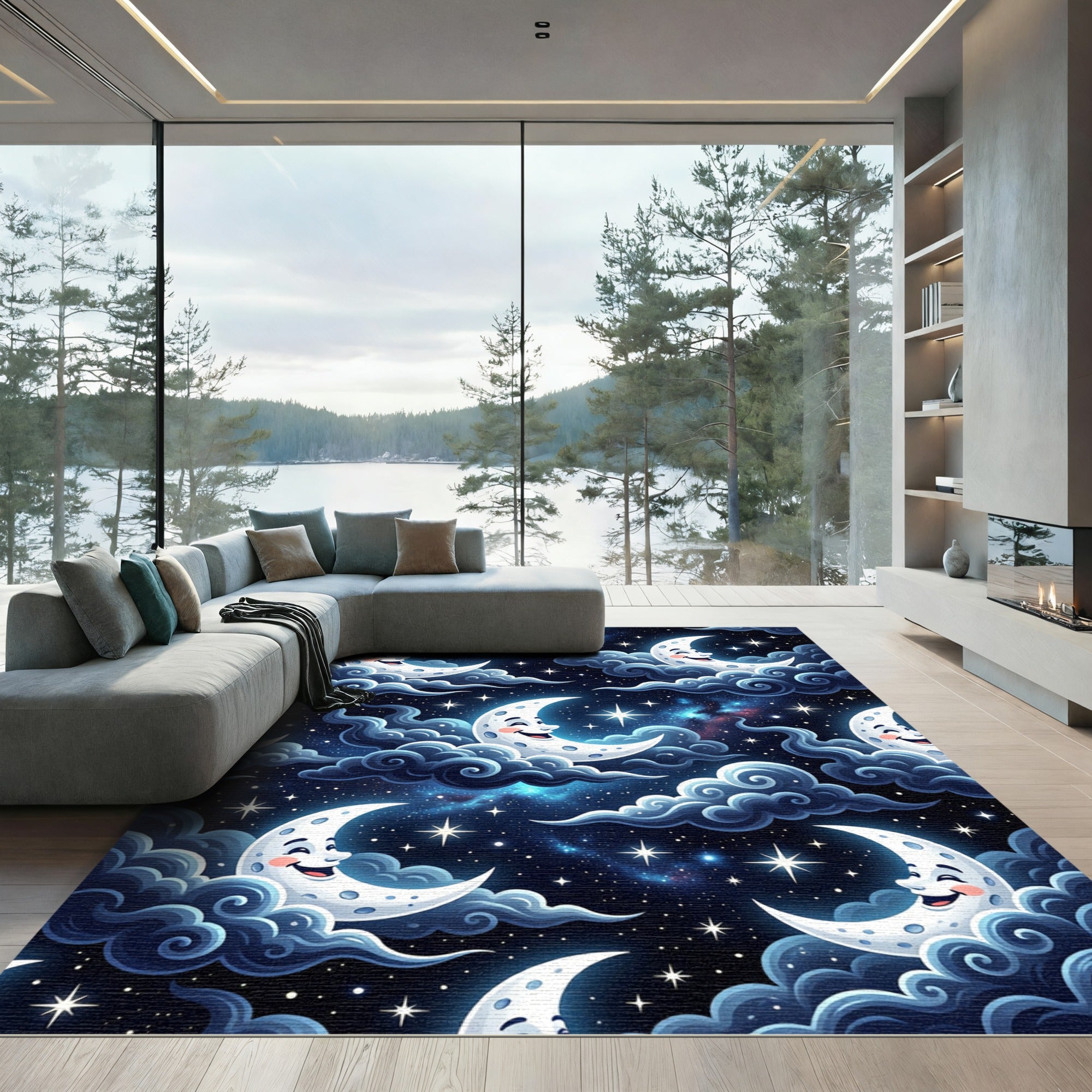 Whimsical Celestial Crescent Moon Starry Night Rug