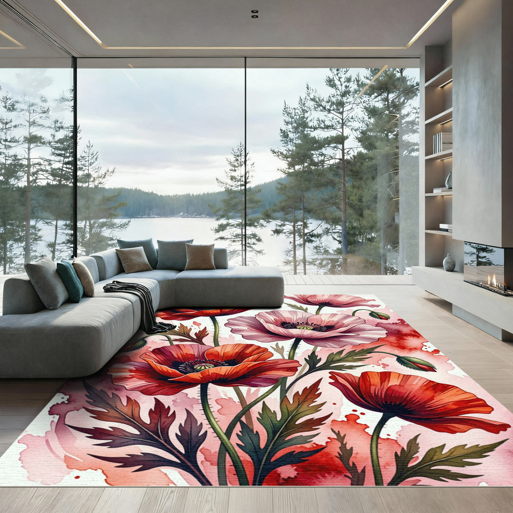 Vibrant Red Pink Watercolor Poppy Field Rug