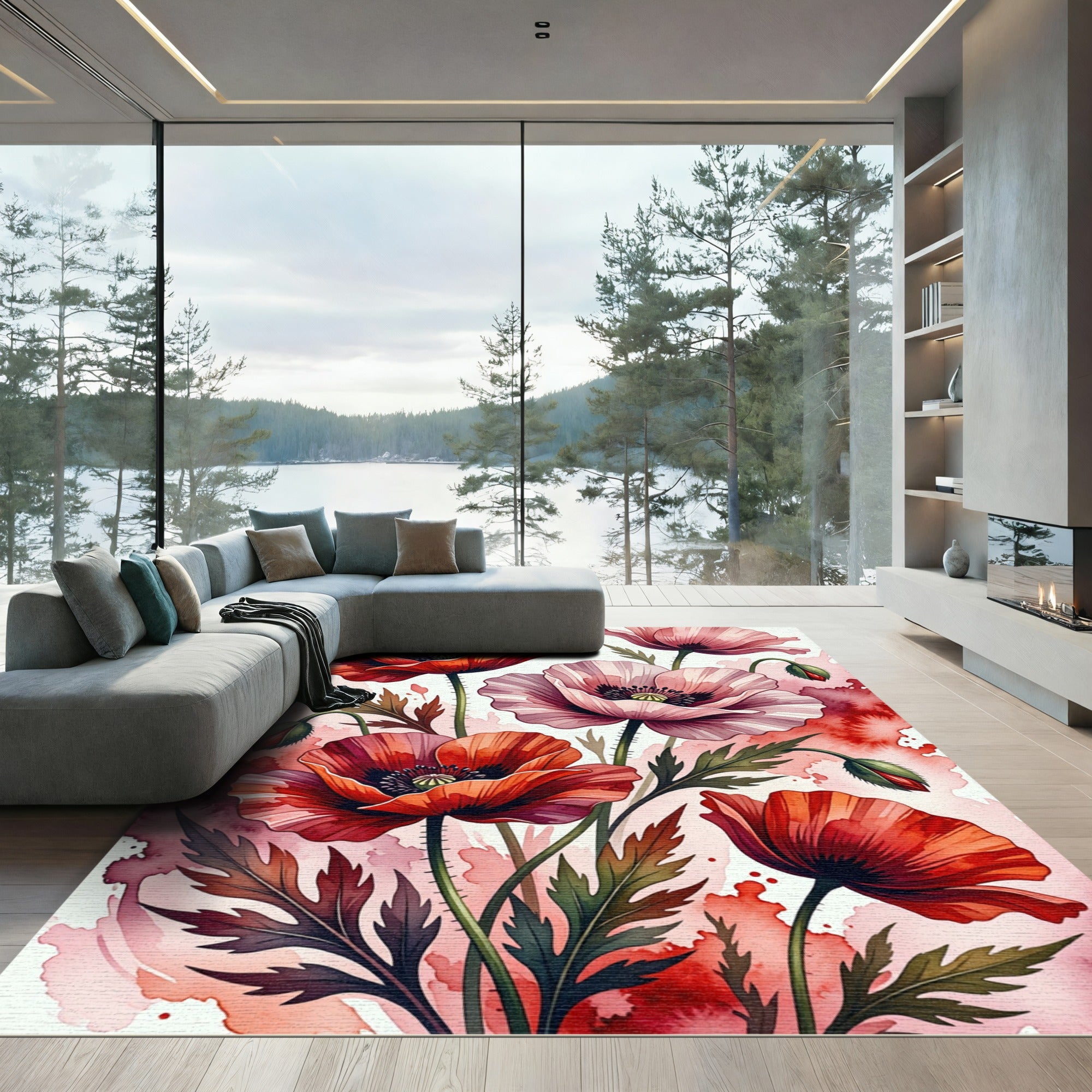 Vibrant Red Pink Watercolor Poppy Field Rug