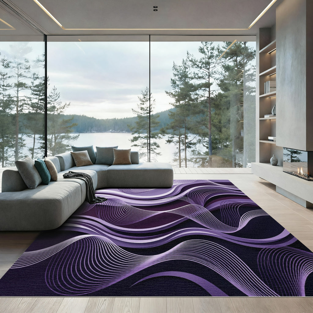 Modern Amethyst Rippling Abstract Swirls Rug