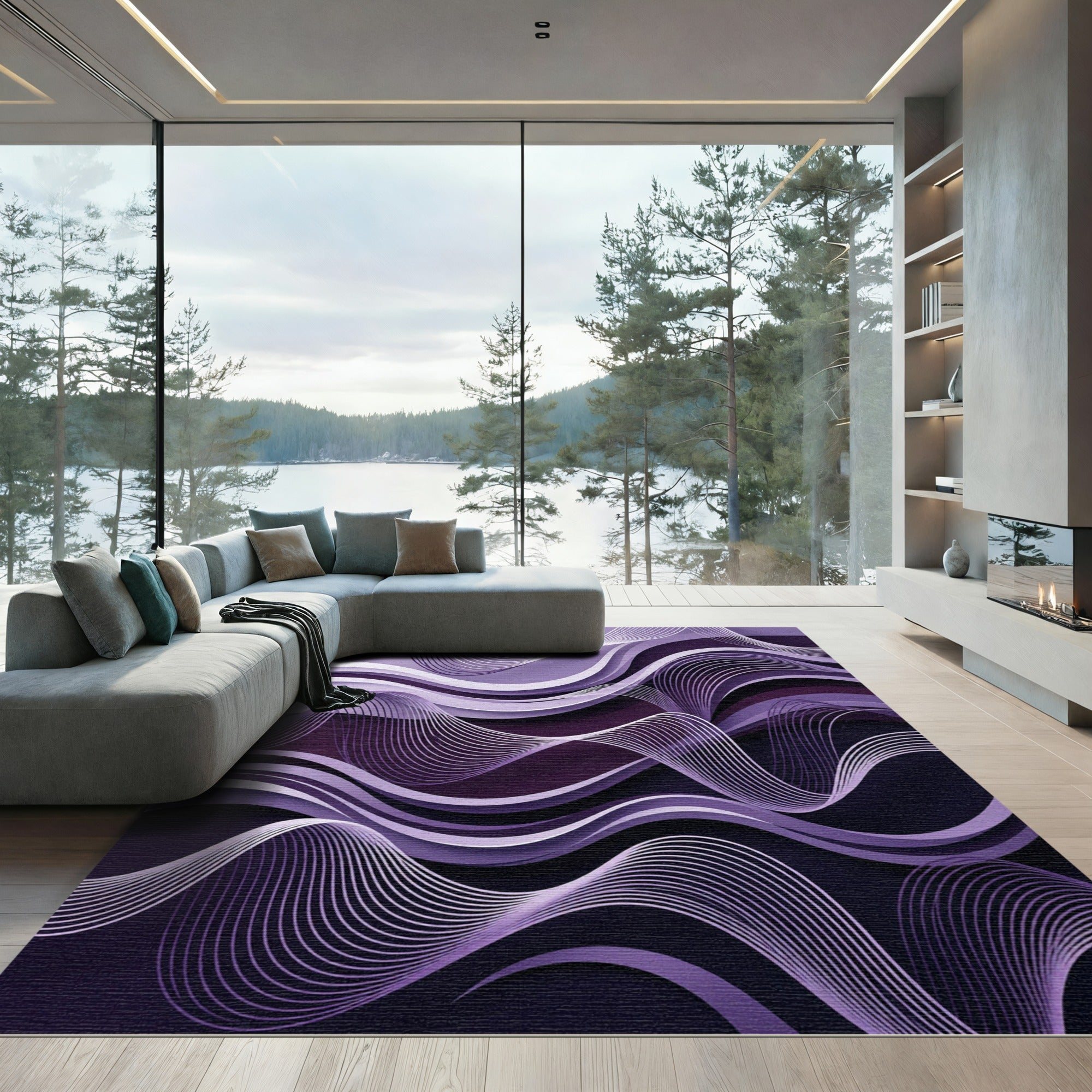 Modern Amethyst Rippling Abstract Swirls Rug