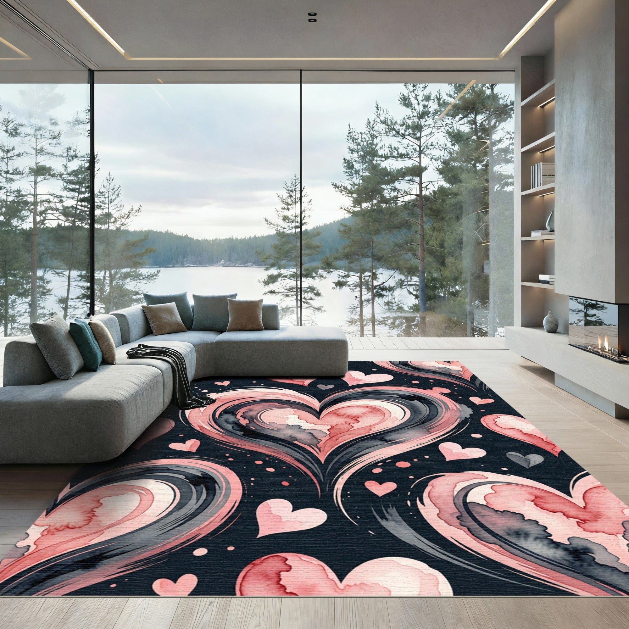Pink Hearts Swirl Watercolor Composition Rug