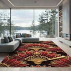 Elegant Crimson Gold Lotus Fan Art Rug