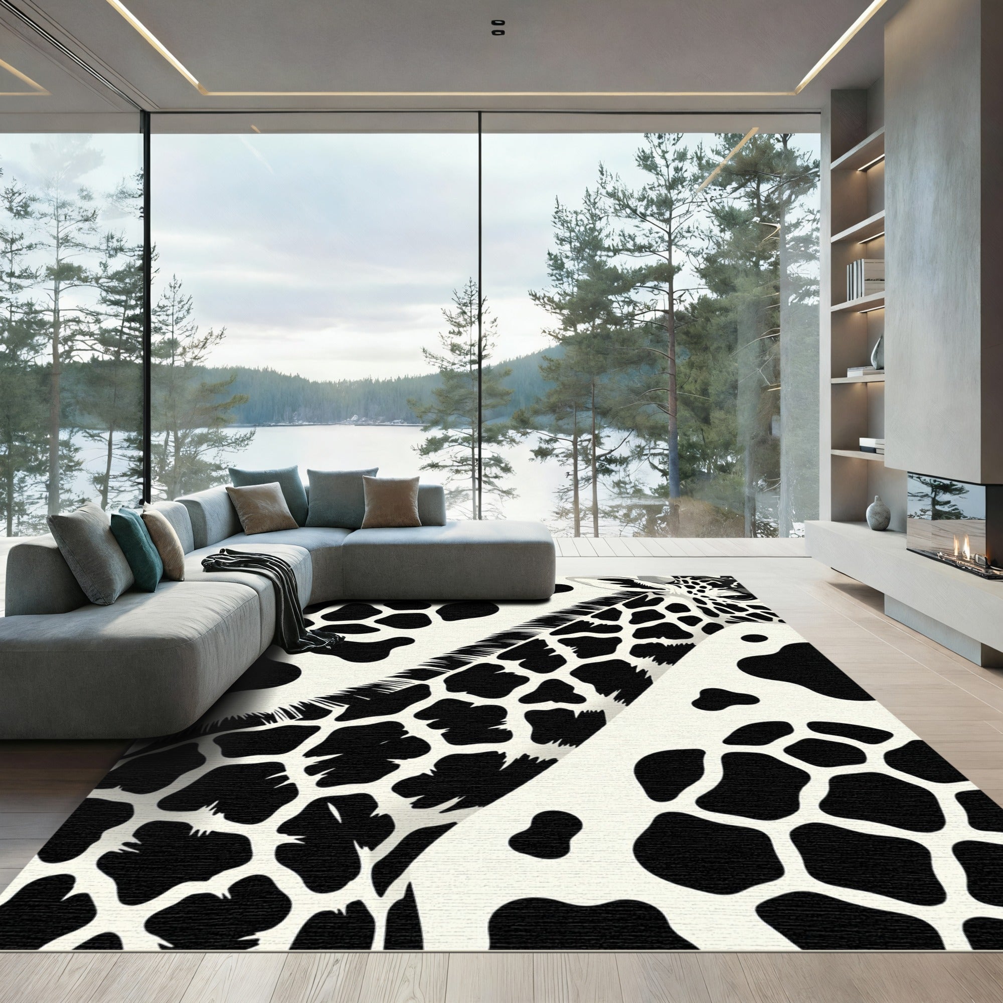 Modern Black and White Giraffe Spot Rug
