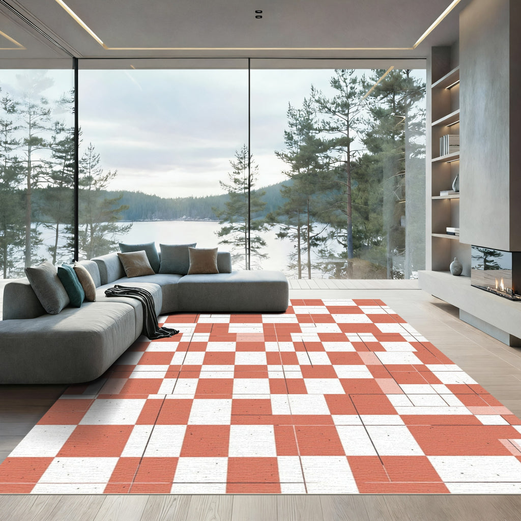 Terracotta Peach Checkered Grid Abstract Rug
