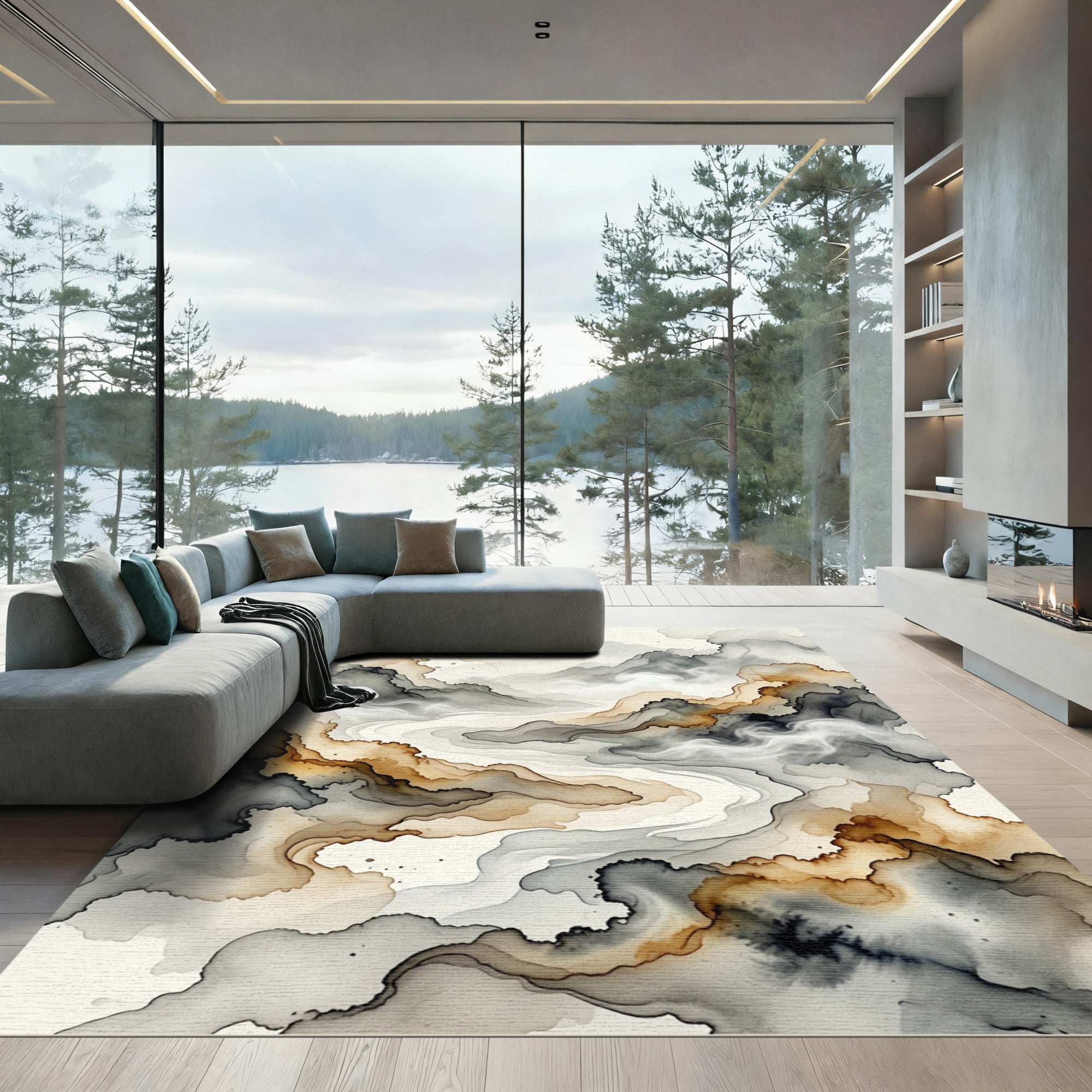 Abstract Monochrome Ink Wash Mountain Landscape Rug