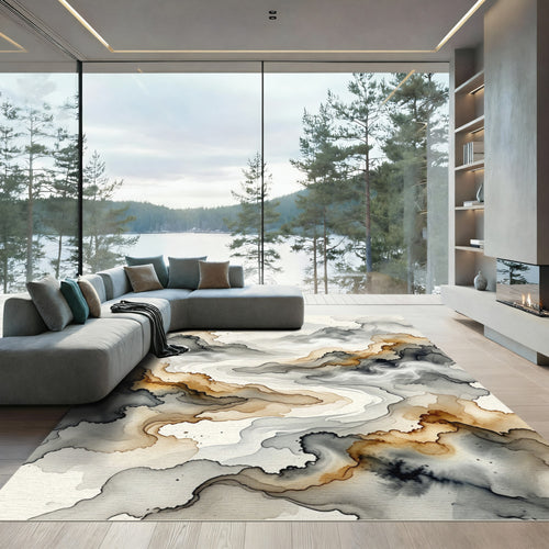 Abstract Monochrome Ink Wash Mountain Landscape Rug