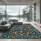 Ornate Teal Gold Flourish Scroll Rug
