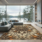 Elegant Beige Gold Floral Mandala Rug