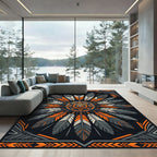 Geometric Orange and Charcoal Feather Medallion Rug