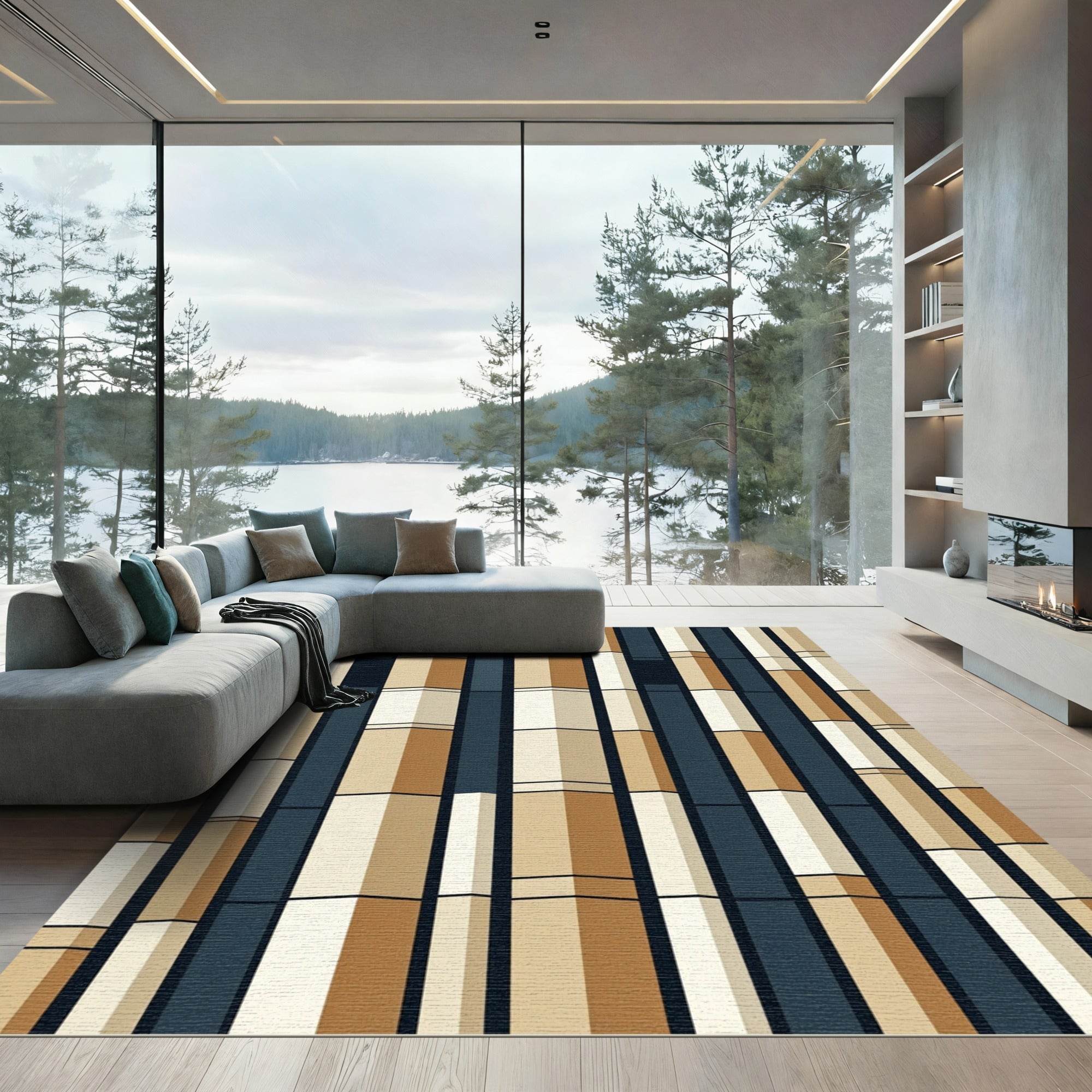 Modern Neutral Tones Abstract Vertical Block Rug