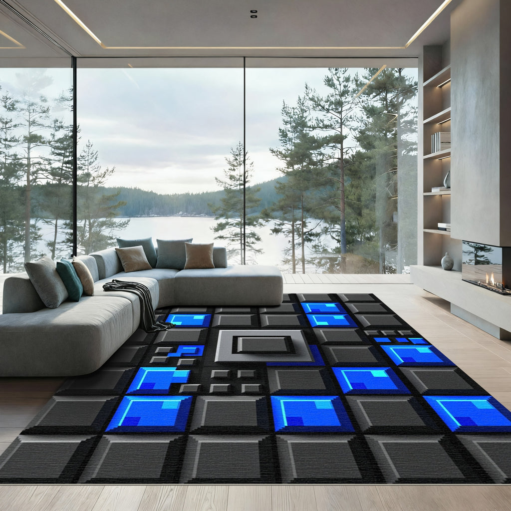 Modern Electric Blue Geometric Grid Rug