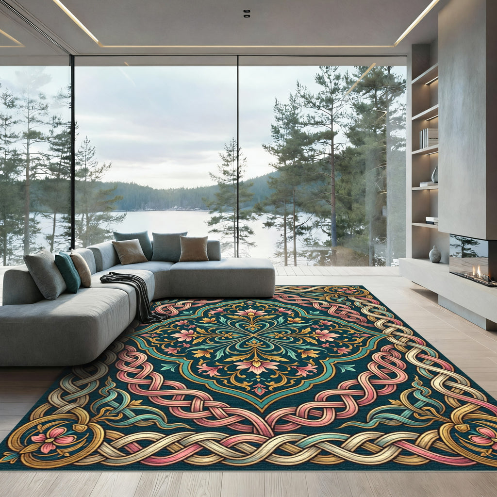 Ornate Teal Pink Floral Woven Medallion Rug