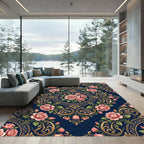 Elegant Navy Gold Rose Floral Medallion Rug