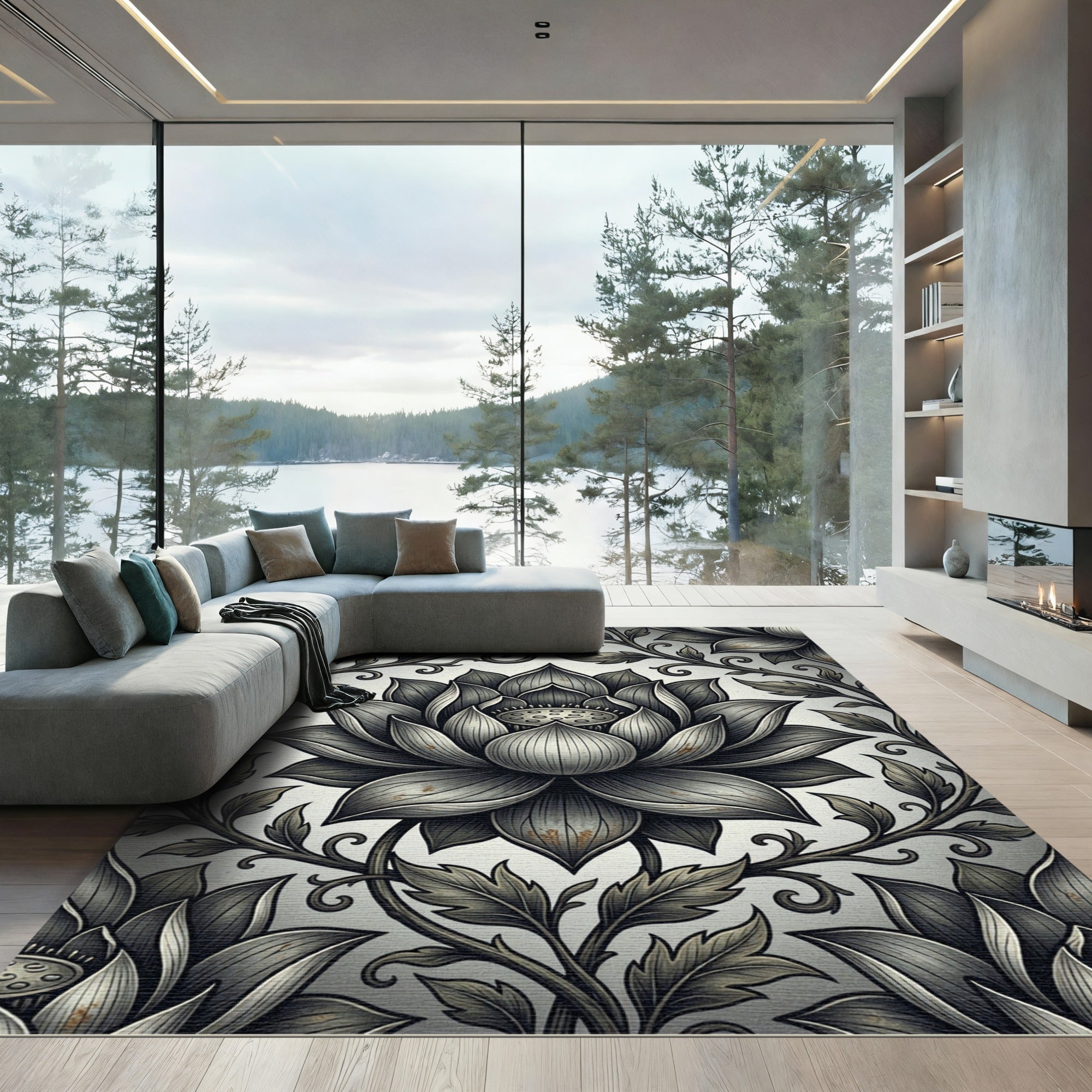 Elegant Monochrome Lotus Botanical Rug