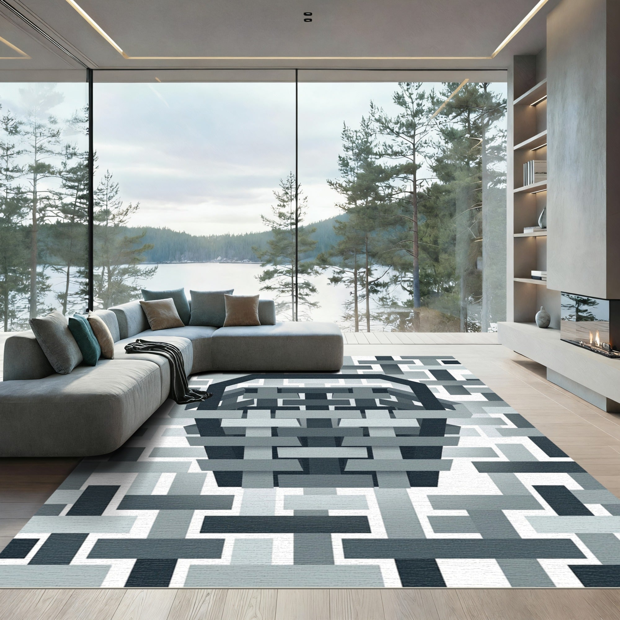 Modern Monochrome Woven Basket Geometric Rug