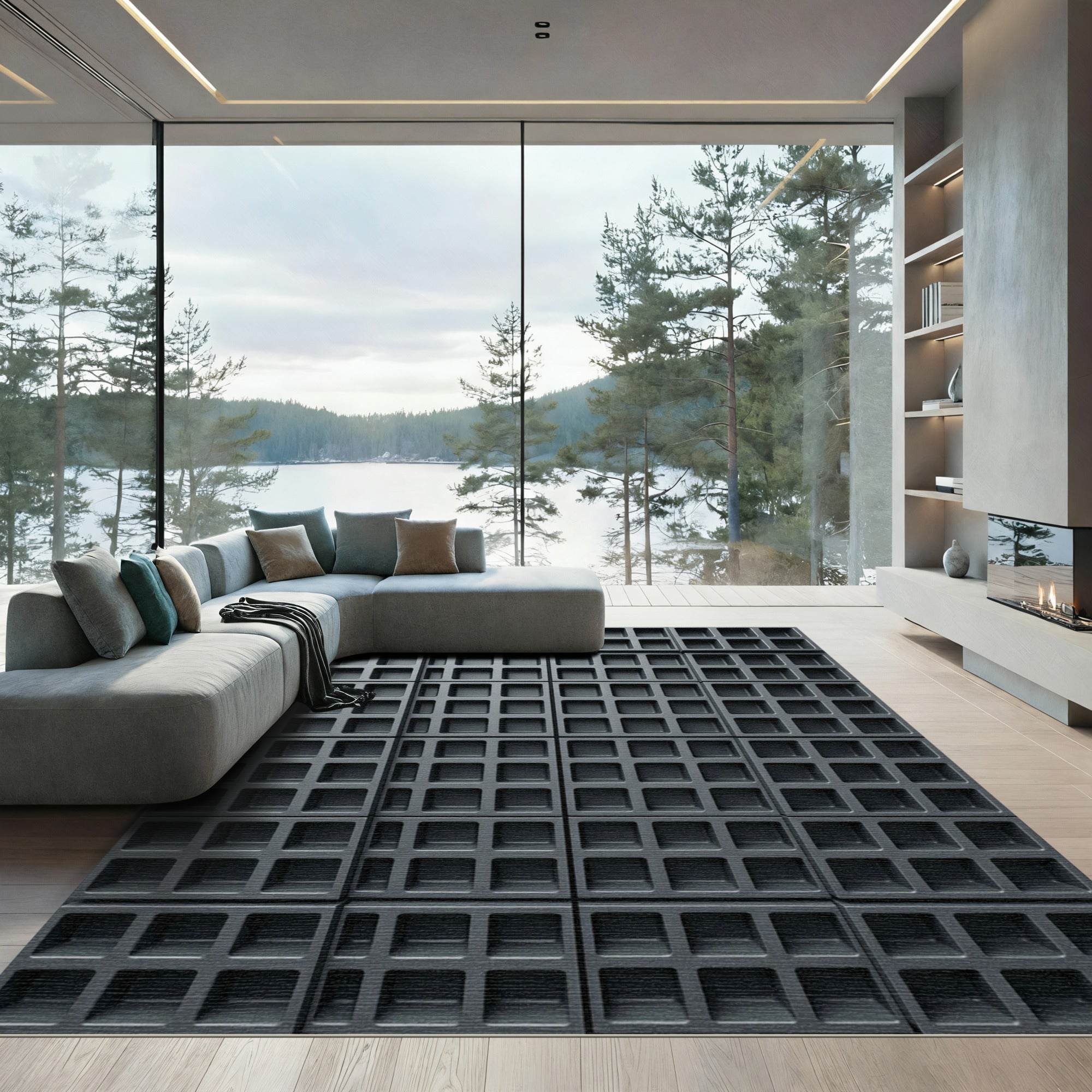 Modern Charcoal Three-Dimensional Grid Rug
