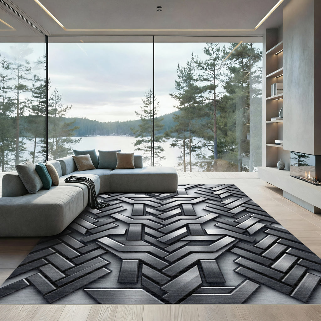 Metallic Silver Architectural Geometric Interlocking Rug
