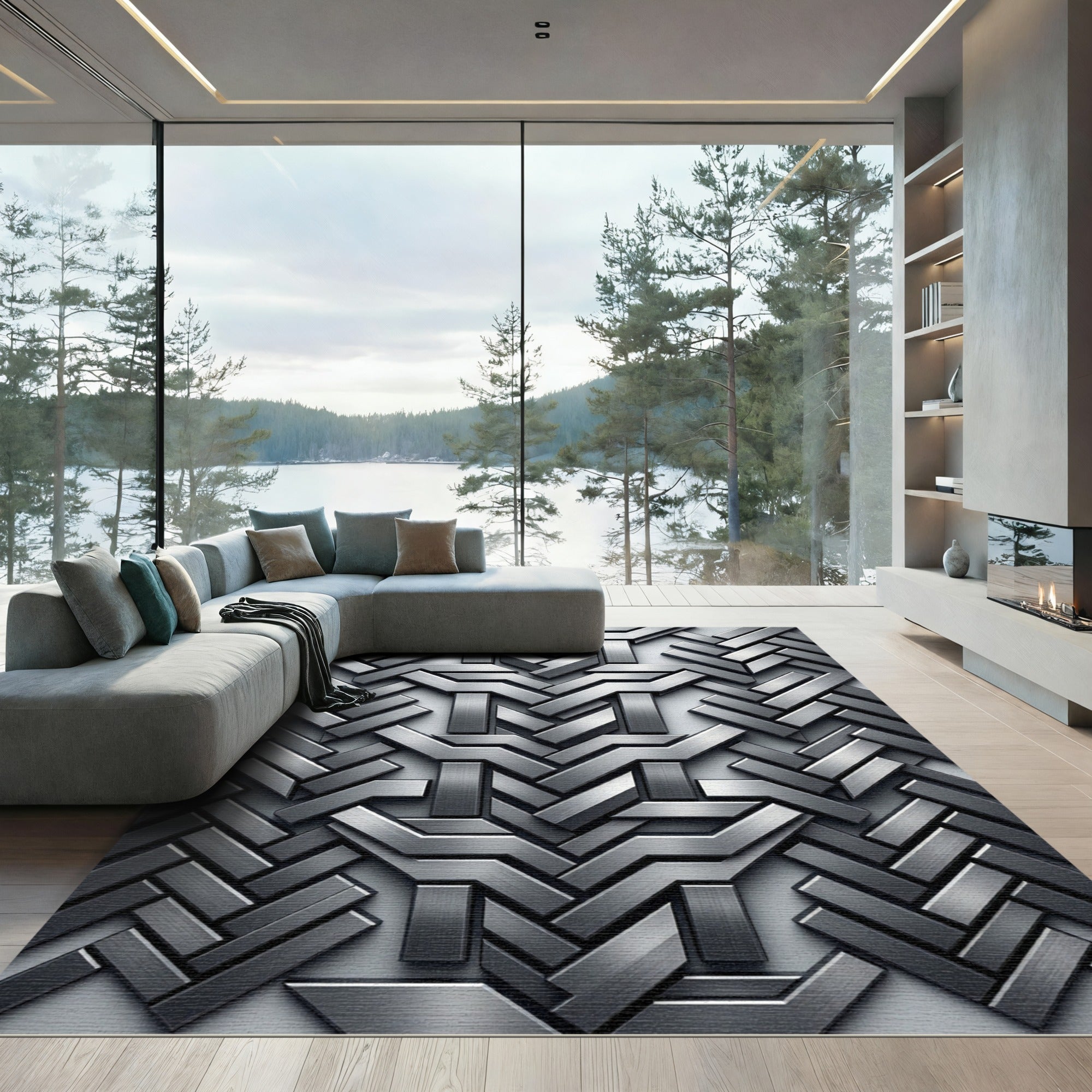 Metallic Silver Architectural Geometric Interlocking Rug