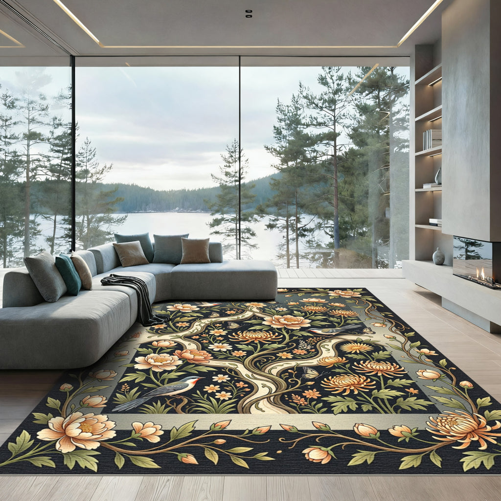 Ornate Peach Blossom Birds Butterflies Rug