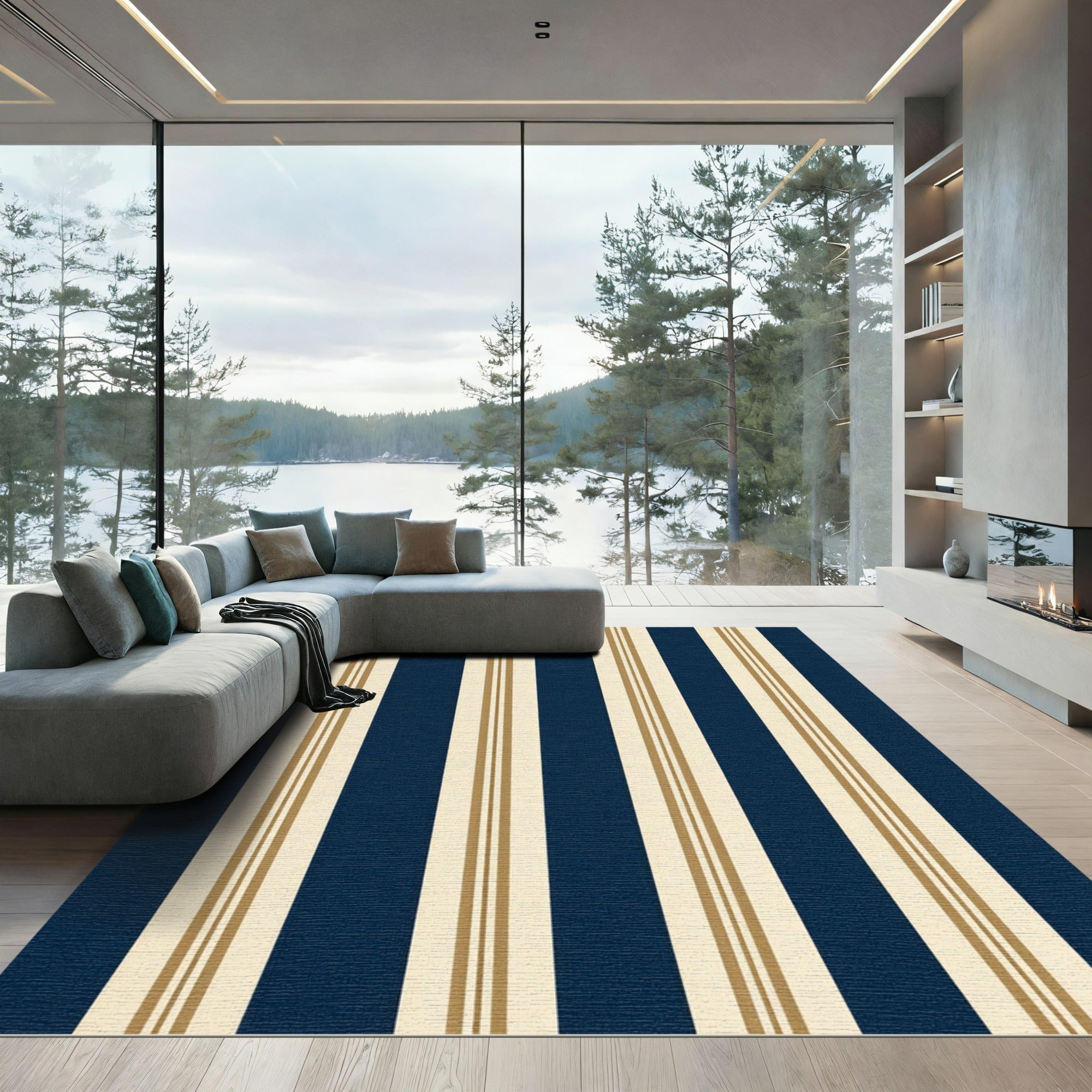 Navy Blue and Gold Classic Striped Rug