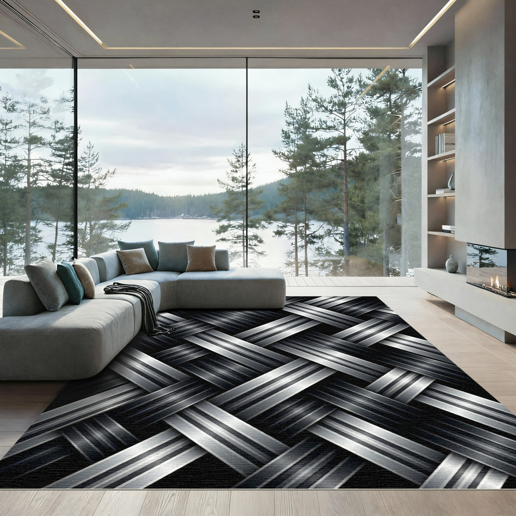 Modern Metallic Silver Woven Interlocking Texture Rug