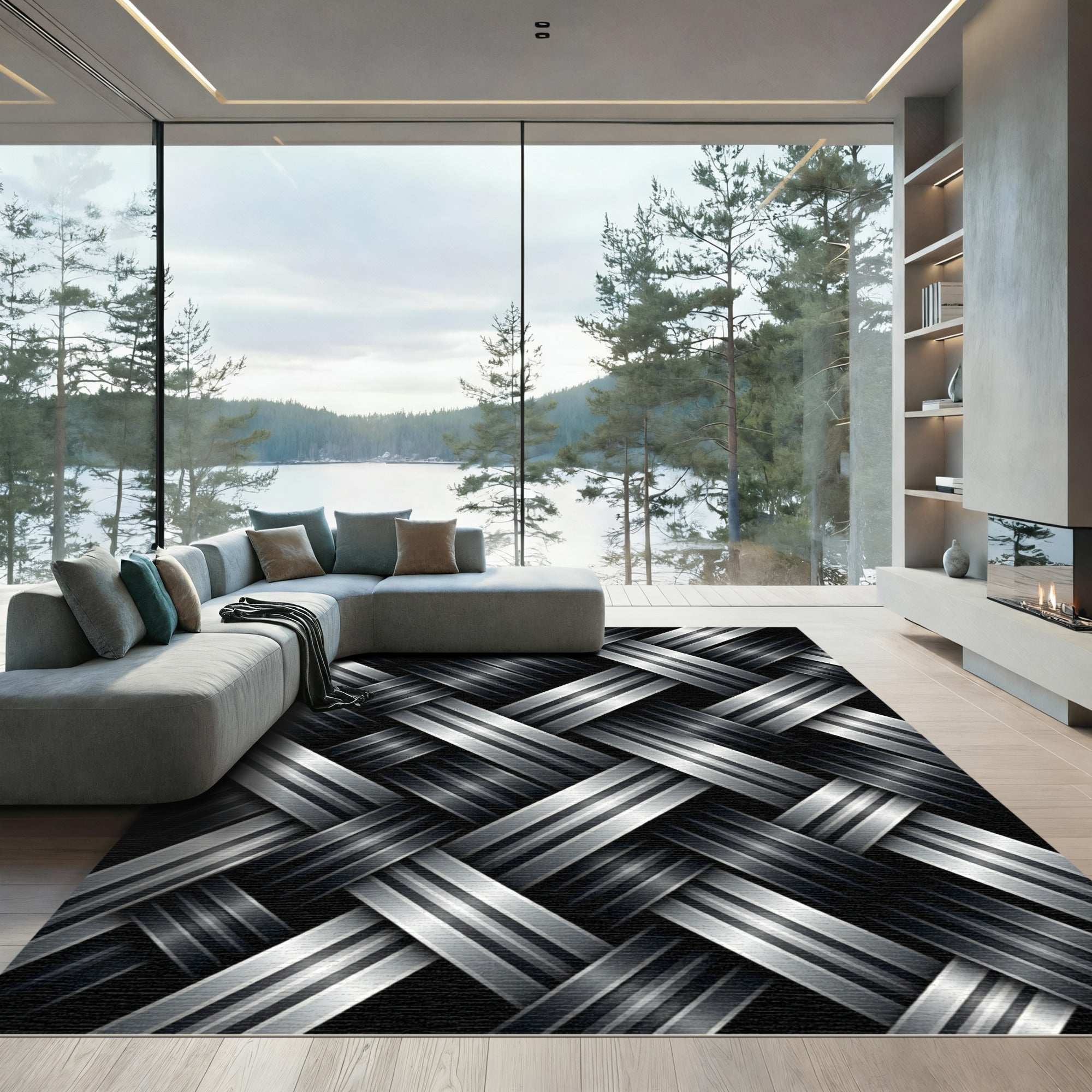 Modern Metallic Silver Woven Interlocking Texture Rug