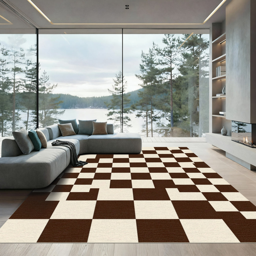 Modern Brown and Cream Irregular Checkered Rug
