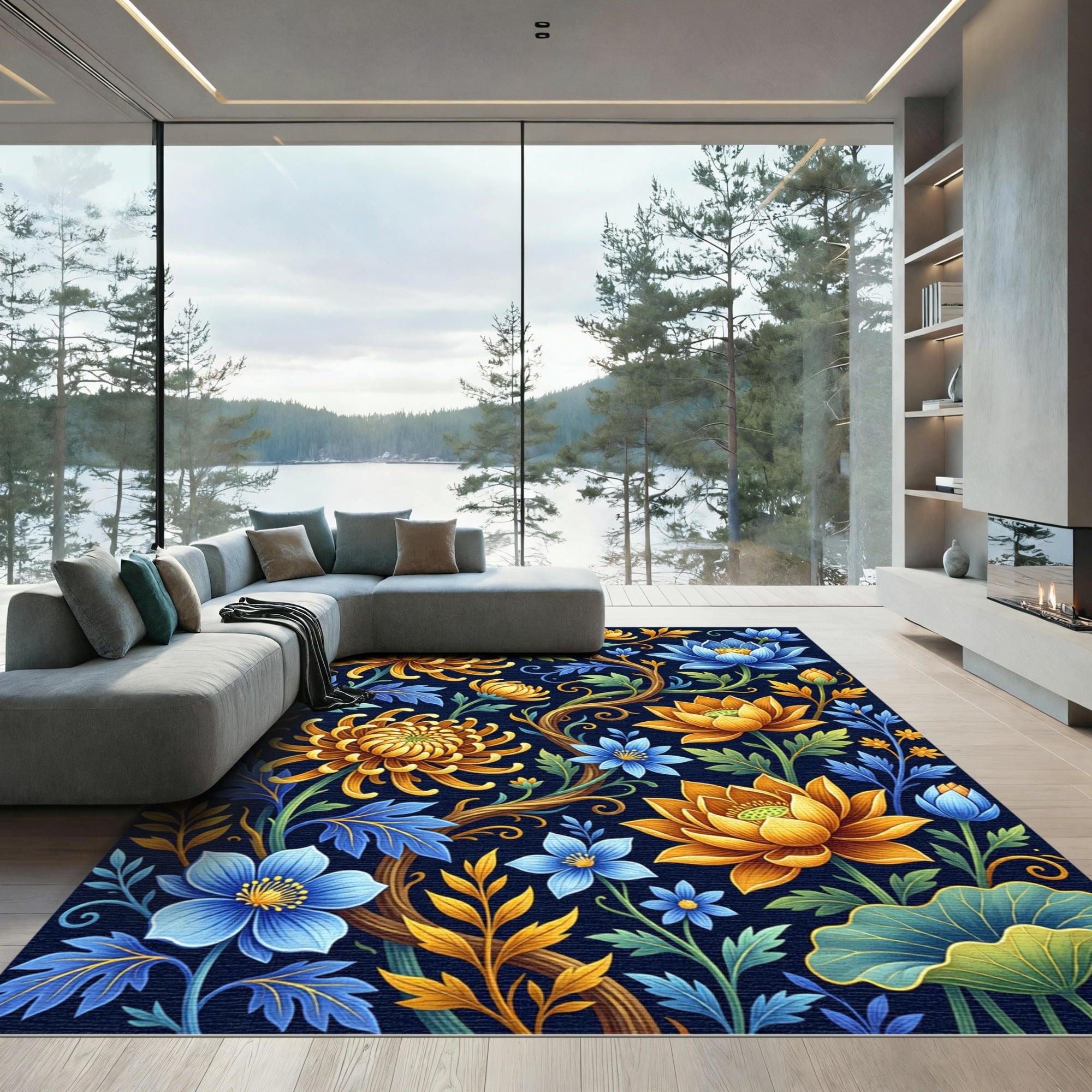 Golden Chrysanthemum and Sapphire Lotus Botanical Rug