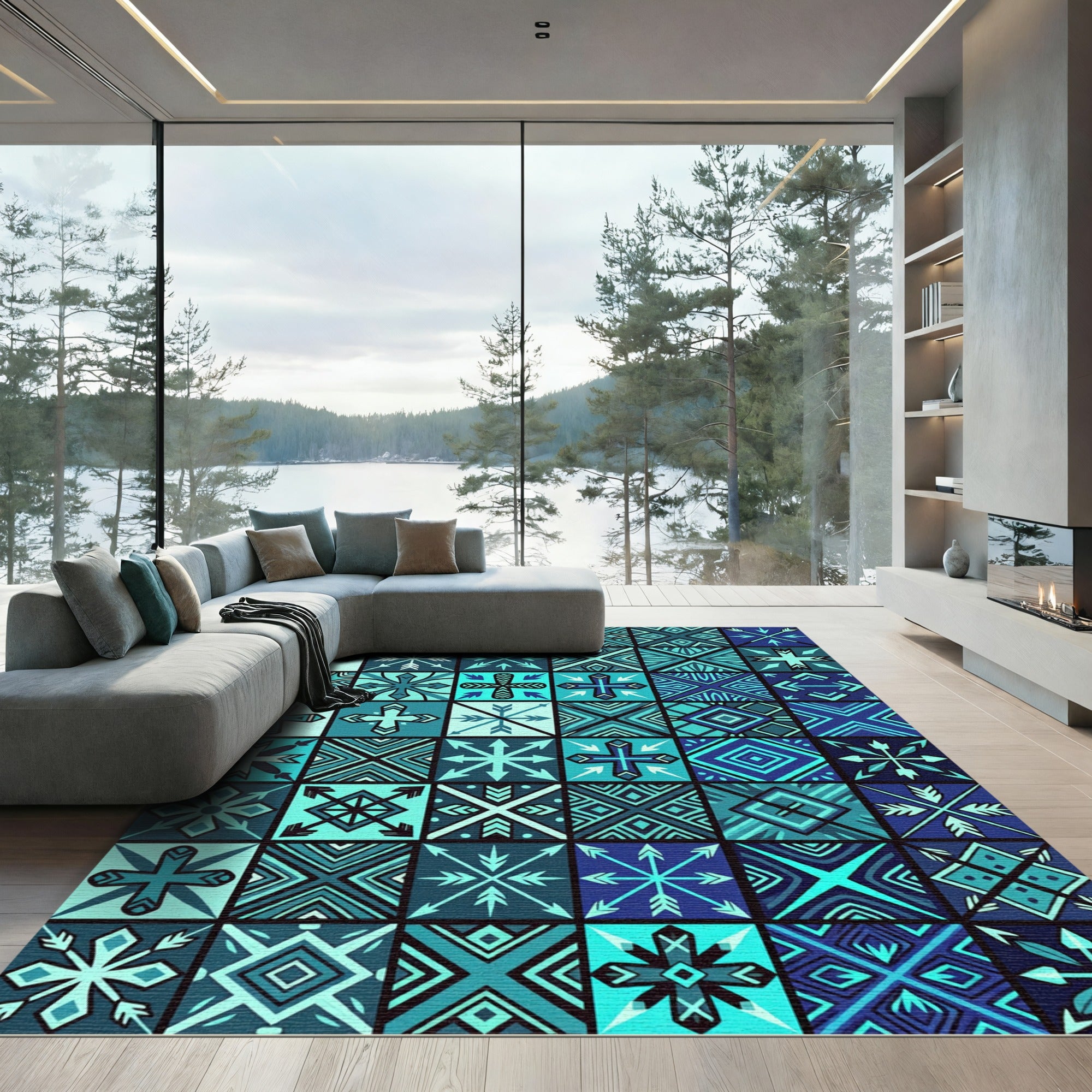 Geometric Teal Azure Mosaic Tile Rug