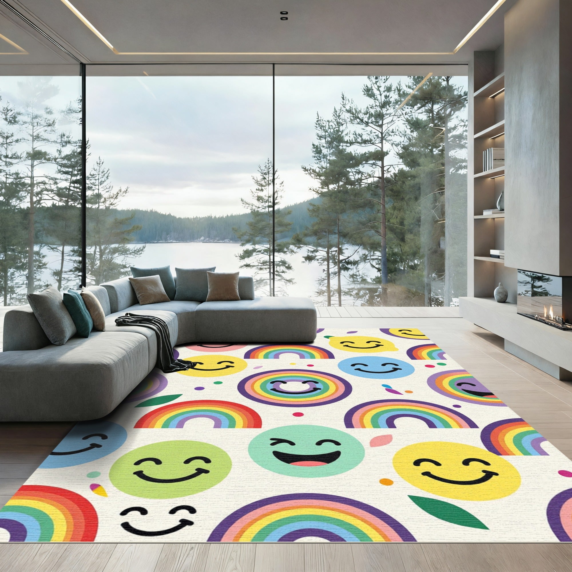 Cheerful Rainbow Smiley Faces Playful Rug