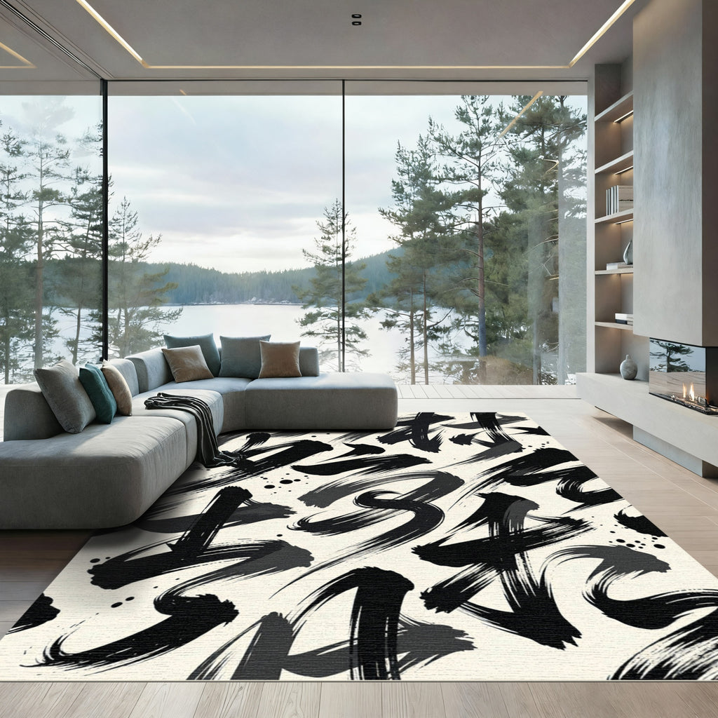 Bold Black Ink Brushstroke Composition Rug