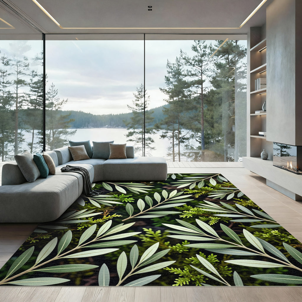 Lush Green Olive Branch Botanical Rug