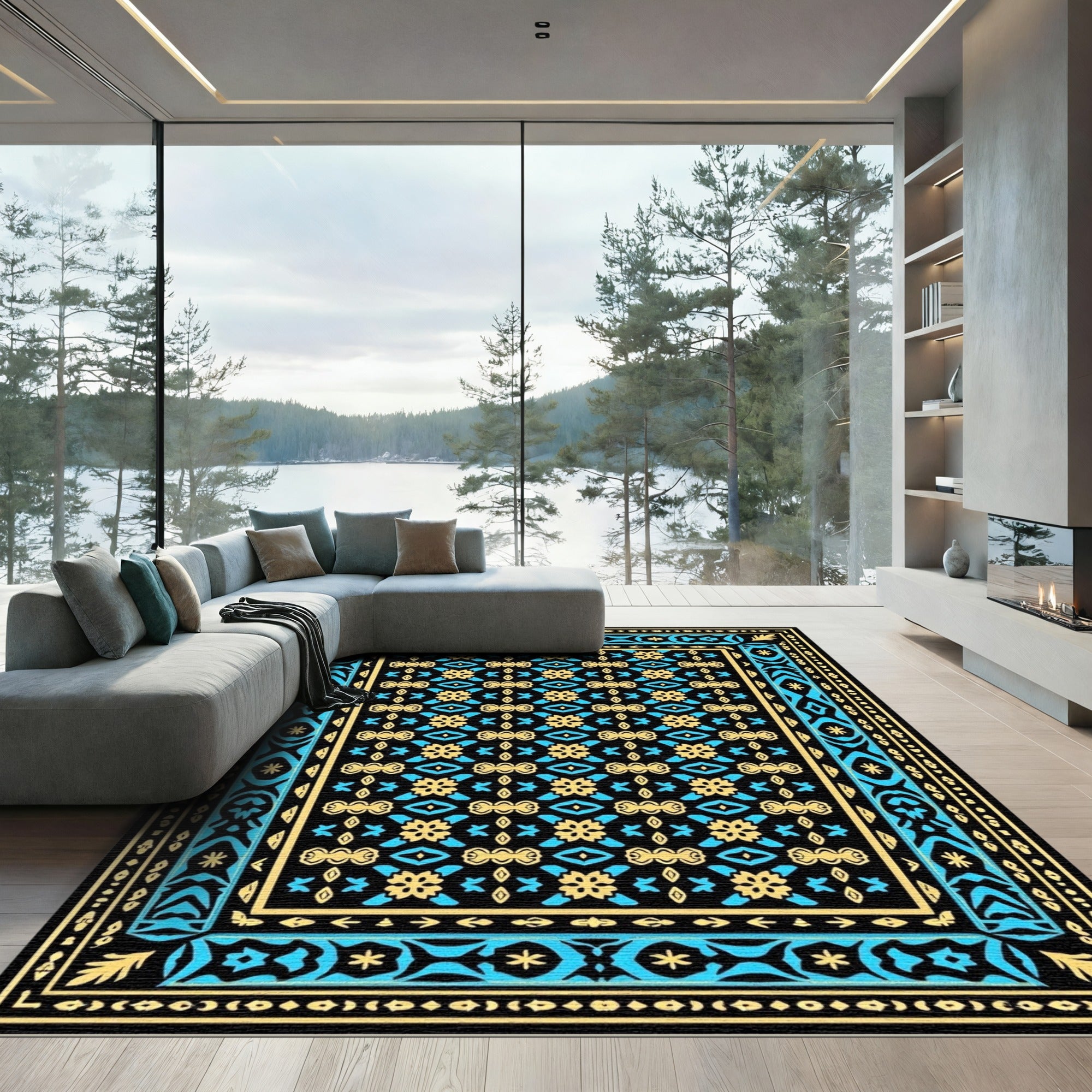 Black Yellow Blue Ornate Medallion Rug