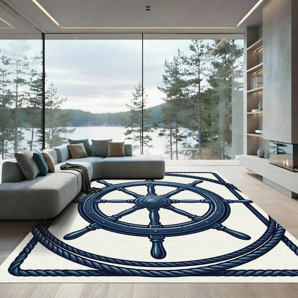 Nautical Ship Wheel Navy Rope Border Rug