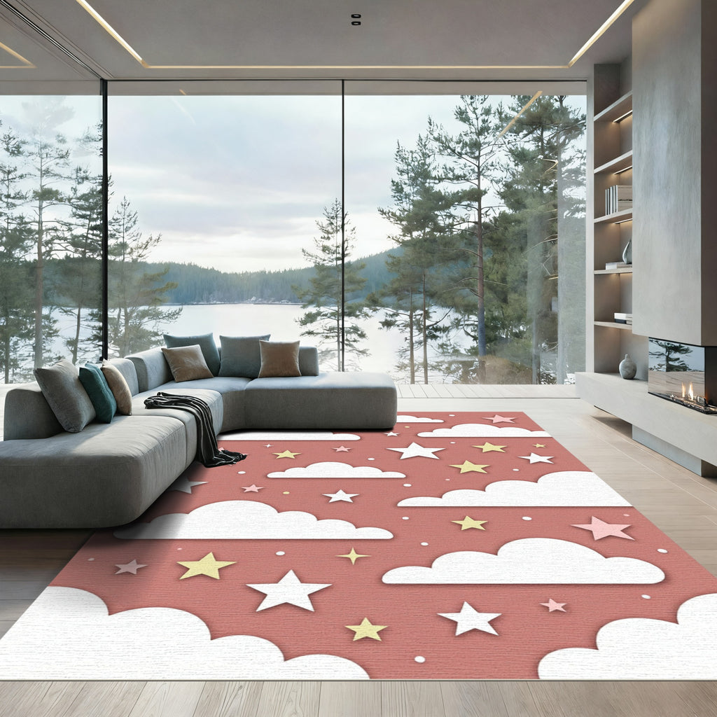 Whimsical Dusty Rose Celestial Cloud Sky Rug