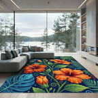 Lush Tropical Hibiscus and Fern Foliage Rug