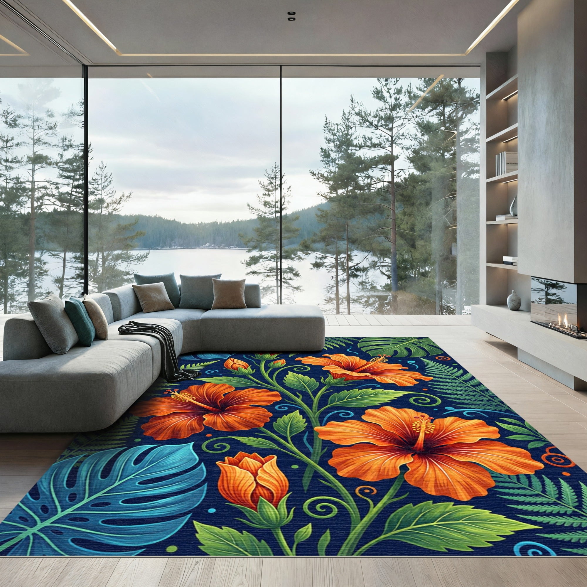 Lush Tropical Hibiscus and Fern Foliage Rug