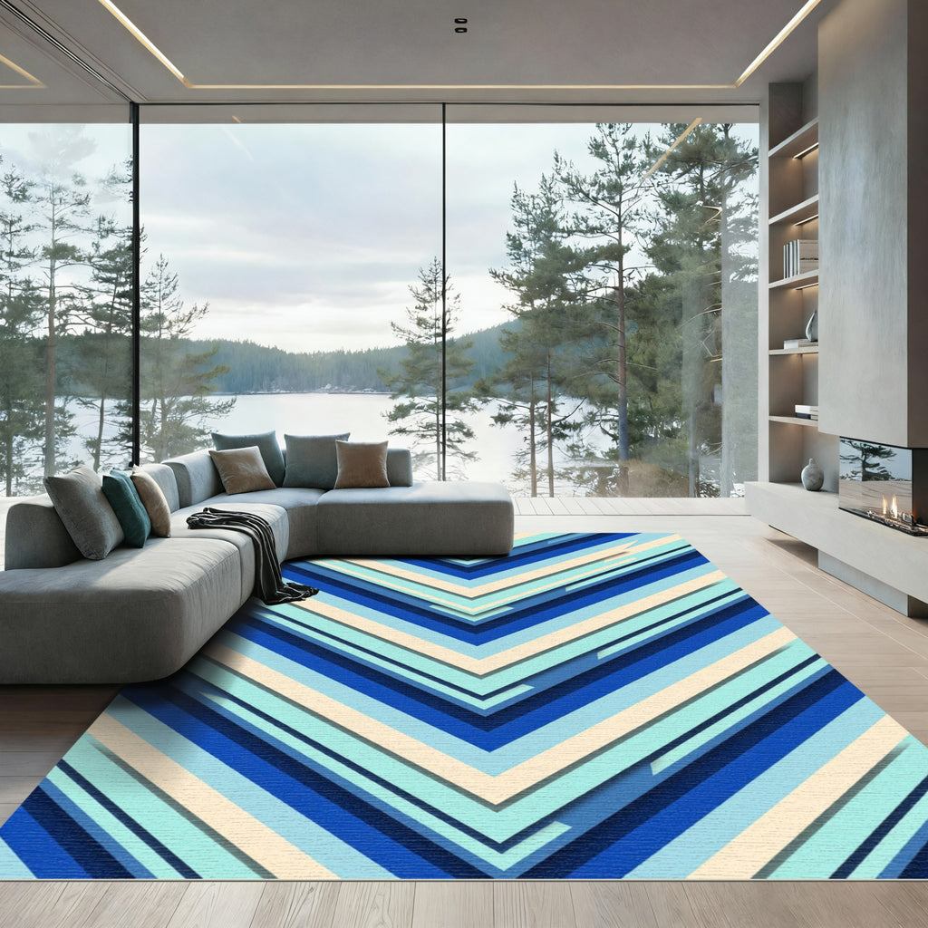 Abstract Chevron Blue Cream Geometric Rug